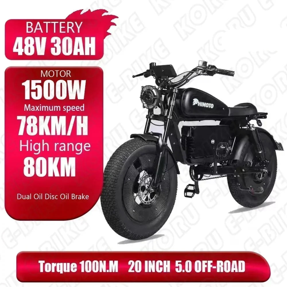 ZPW black HIMOTO dult Electric Bicycle 1500W High Power Motor48v60ahBatteroil dampery Electric Bike Urban LeisureThickTire ebike