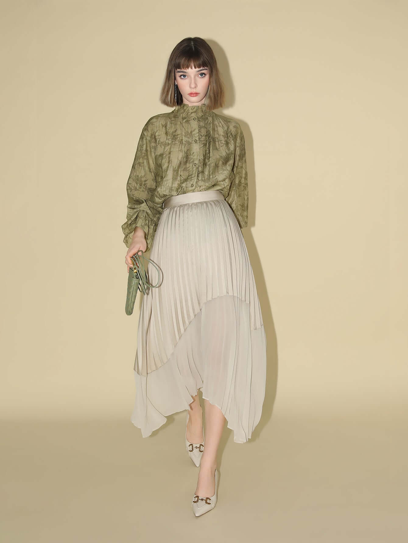Bamboo Leaf Jacquard Ruffled Long Sleeve Blouse