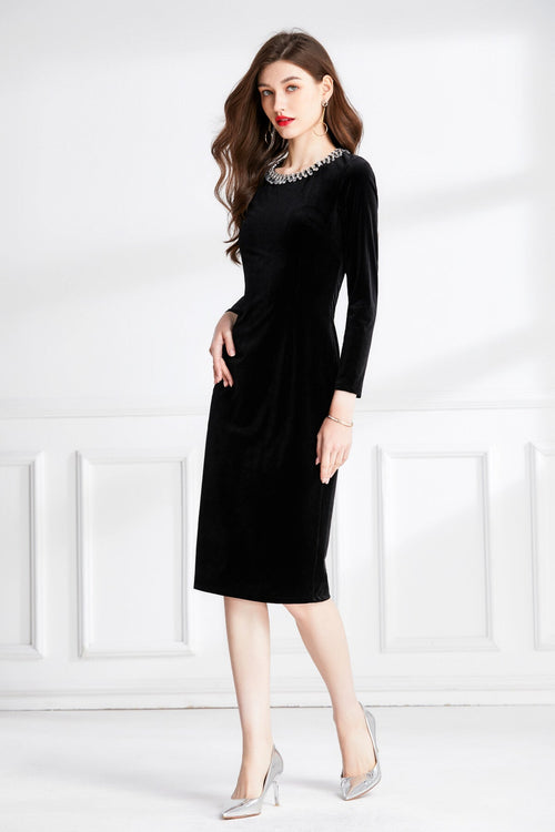 Beaded Vintage High Waist Slit Black Velvet Maxi Dress