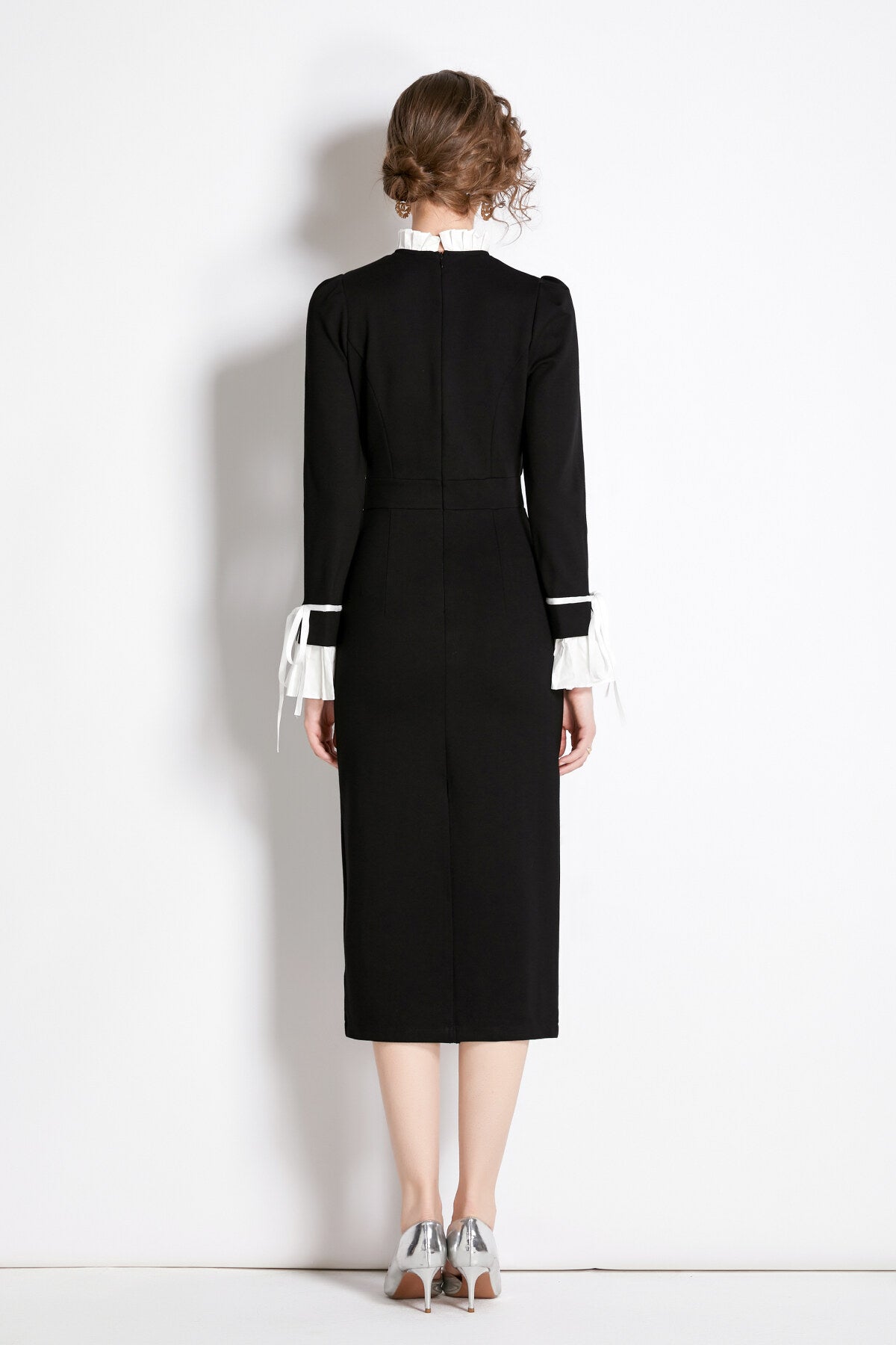 Black French Paneled Button Down Slim Fit Dress