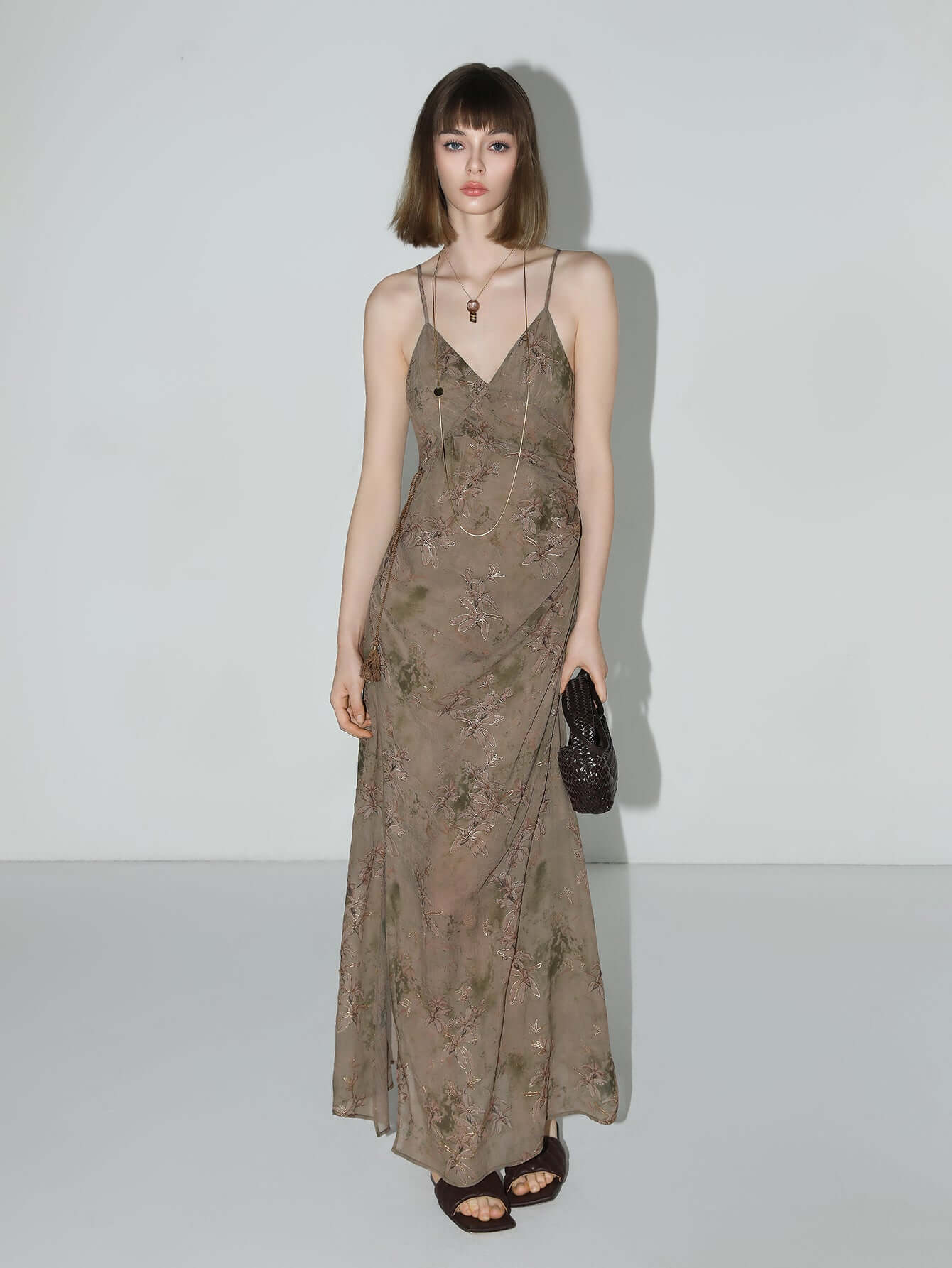 Golden Brown Tea Steep Floral Chiffon Cami Dress