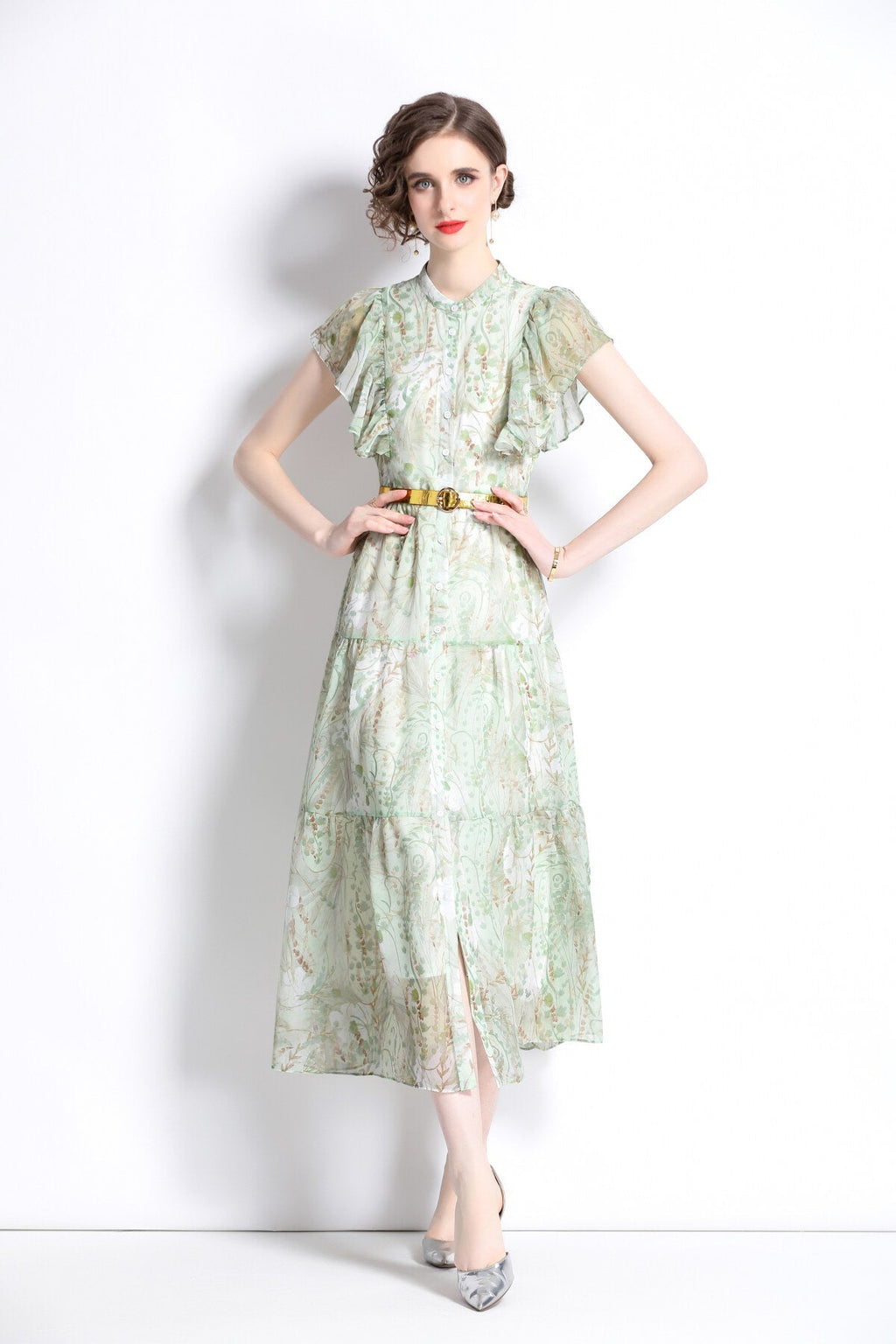 Ruffled Short Sleeve Belted Mint Green Midi Dress