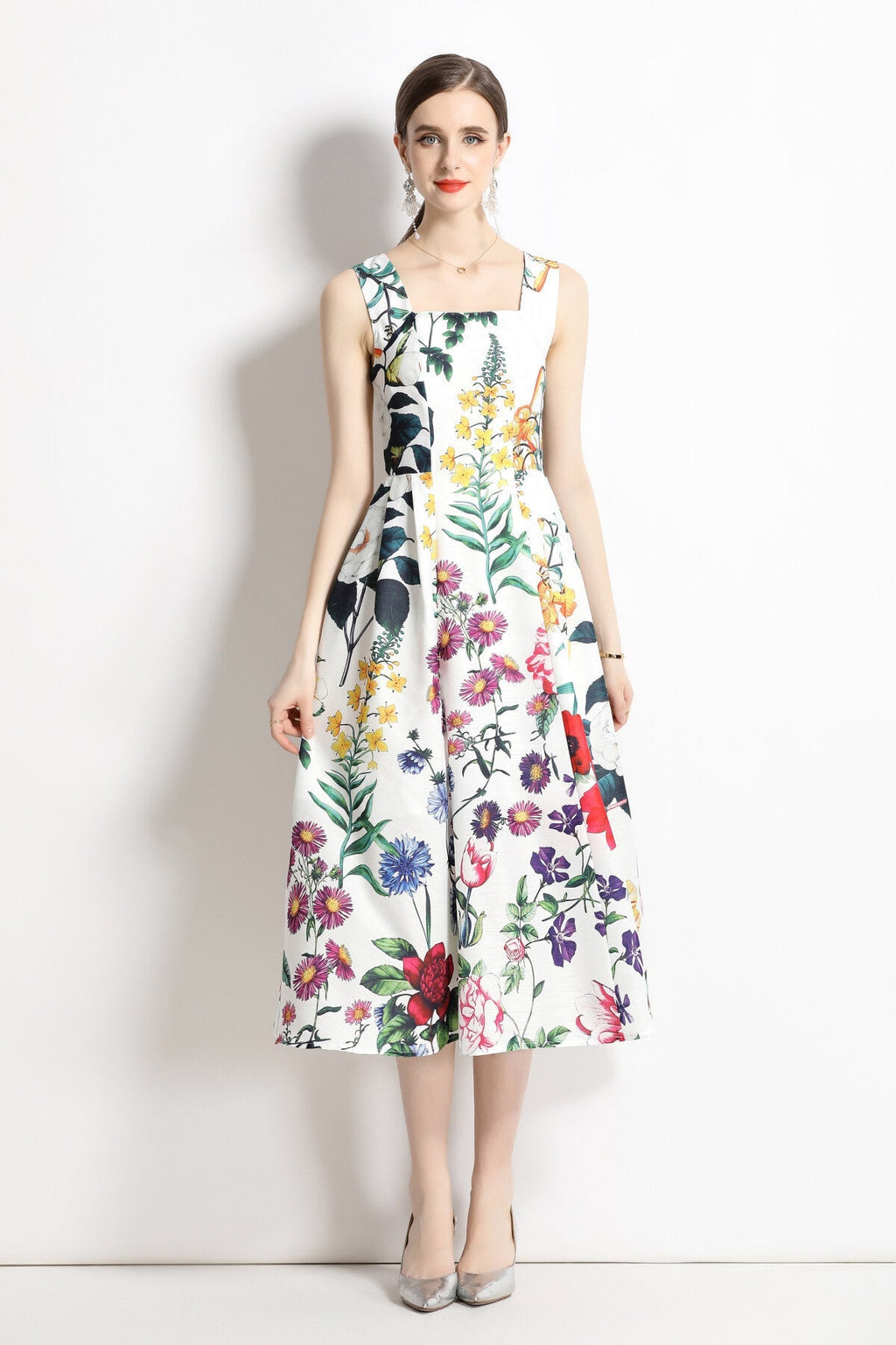 Vintage White Floral High Waisted Thick Strap Dress