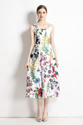 Vintage White Floral High Waisted Thick Strap Dress