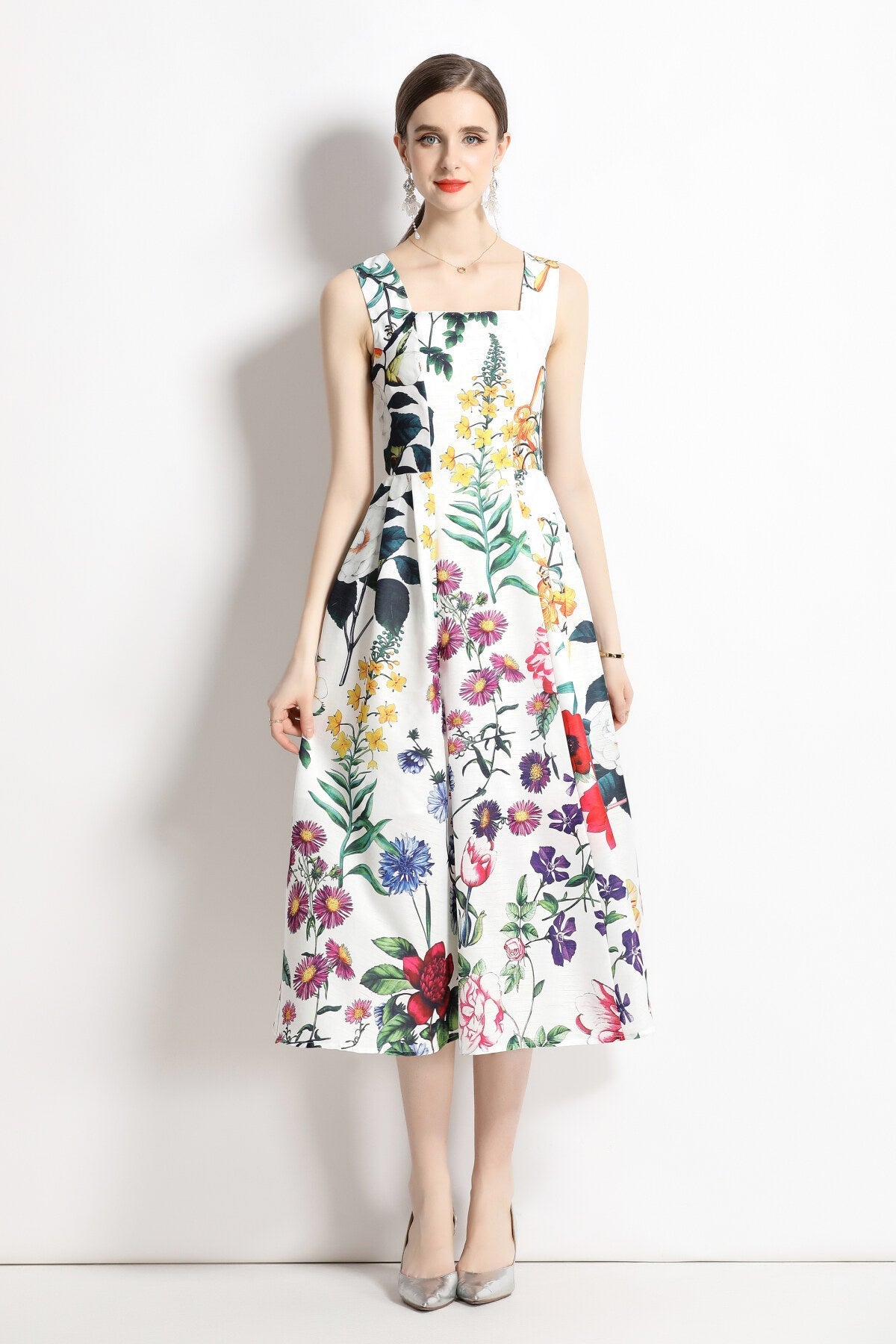 Vintage White Floral High Waisted Thick Strap Dress