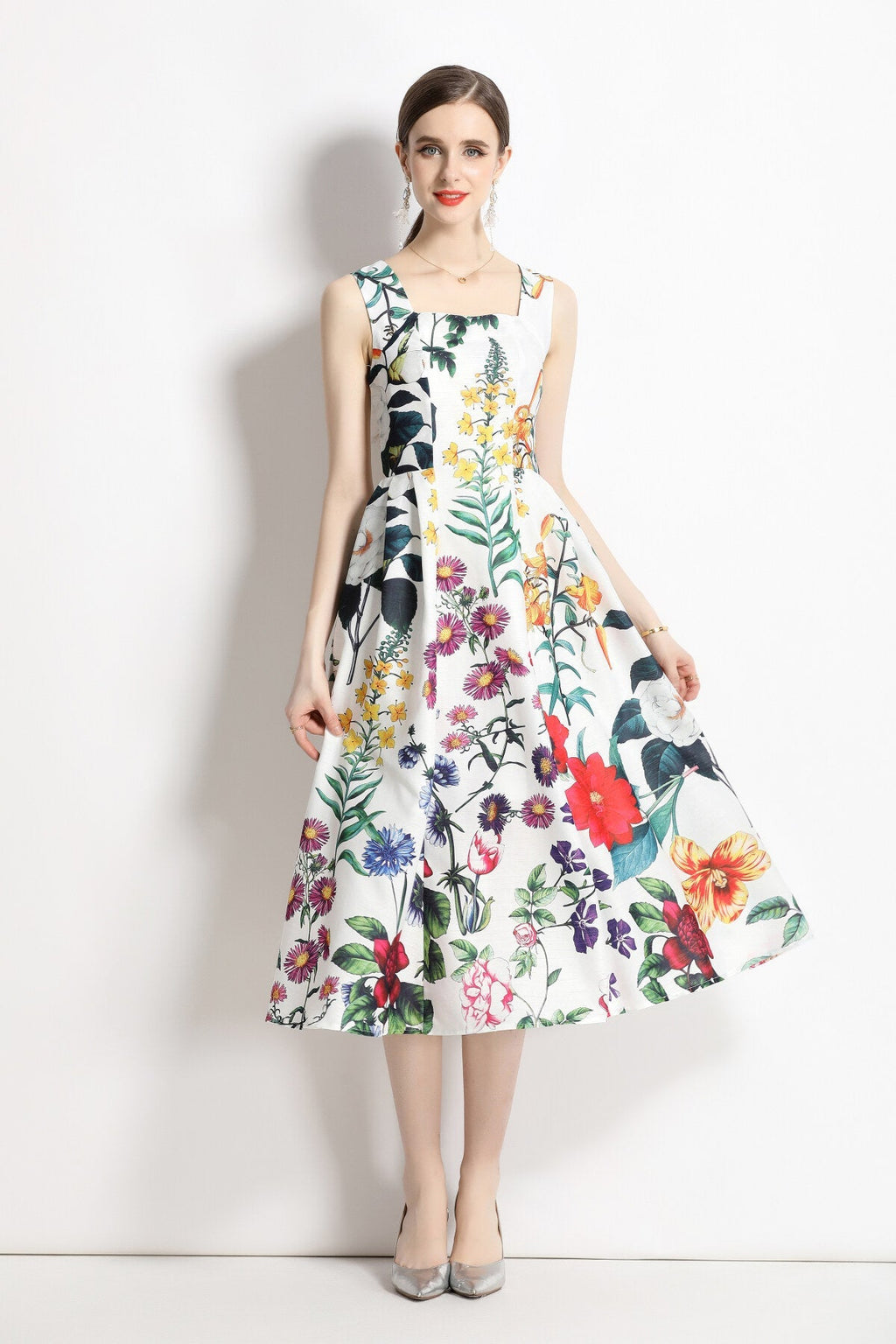 Vintage White Floral High Waisted Thick Strap Dress