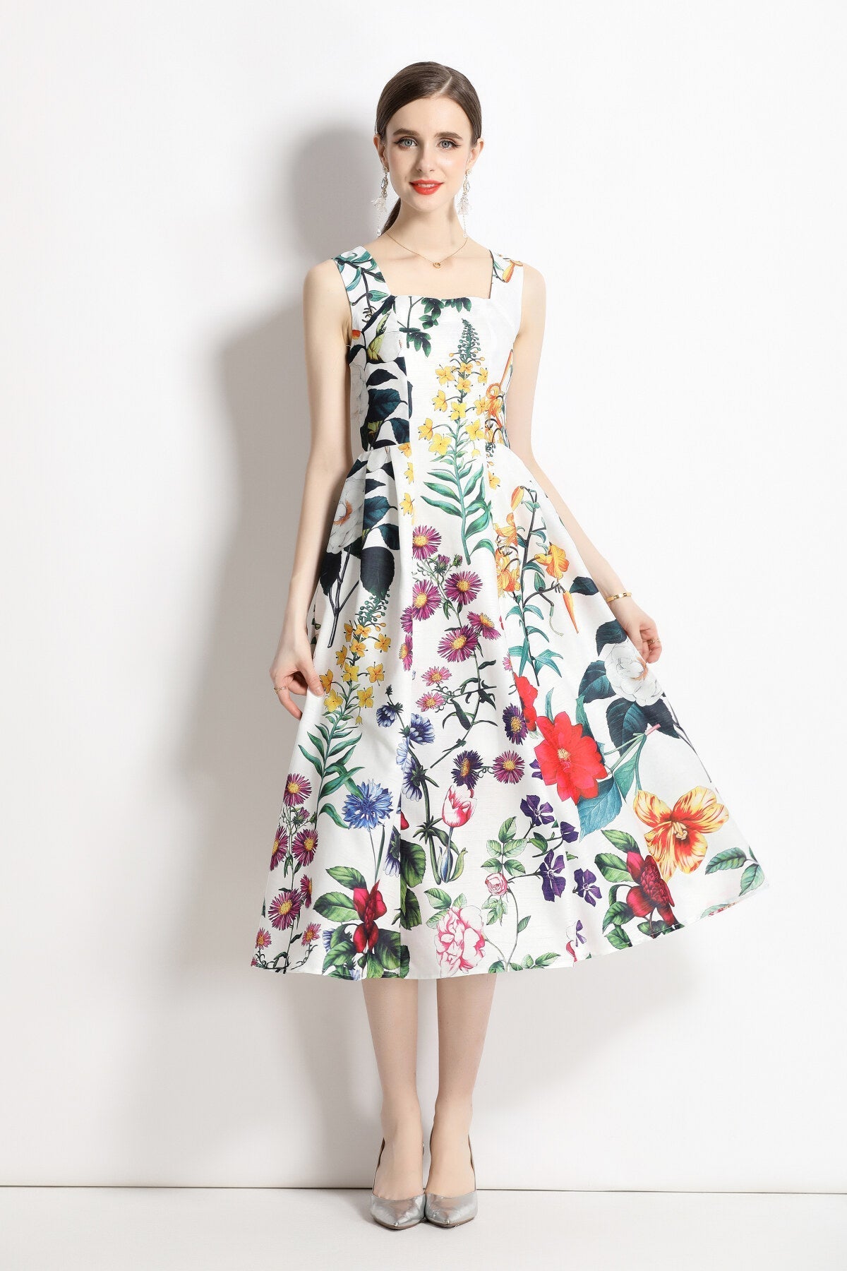 Vintage White Floral High Waisted Thick Strap Dress